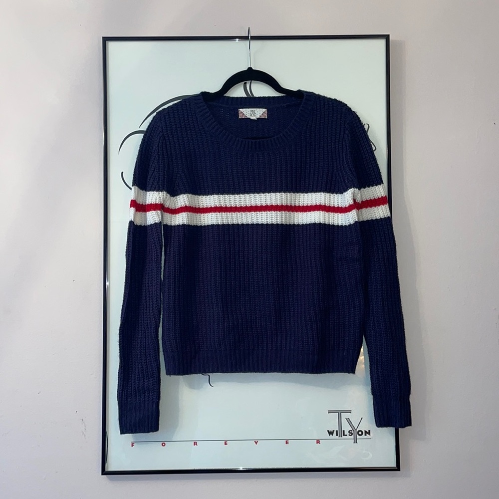 Navy Blue Sweater with White and Red Stripe